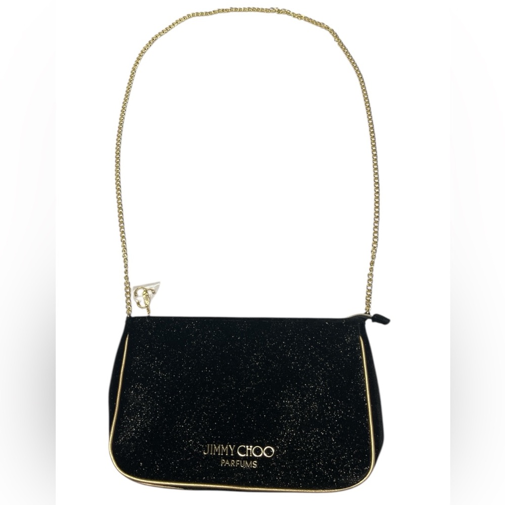 Jimmy Choo Black Velvet Pouch/Cosmetic or Toiletry Bag with Gold Chain